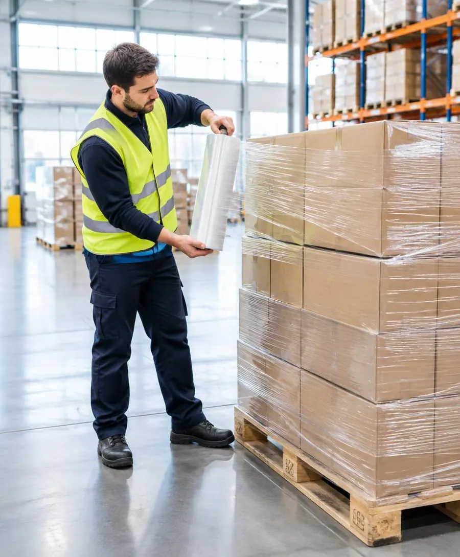 Warehouse worker hand-wrapping a pallet with transparent stretch film