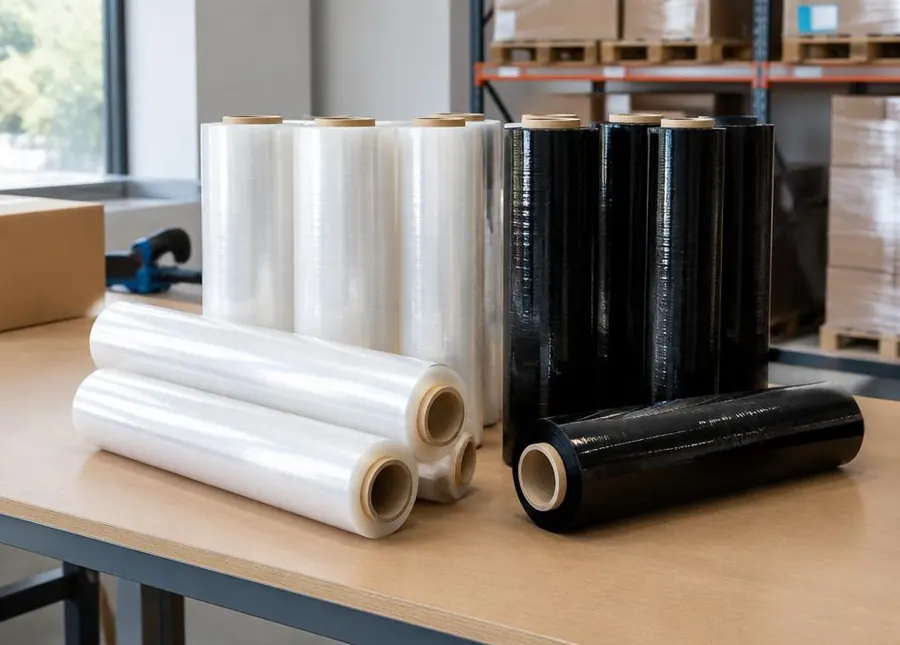 Transparent and black hand stretch film rolls on a packing table