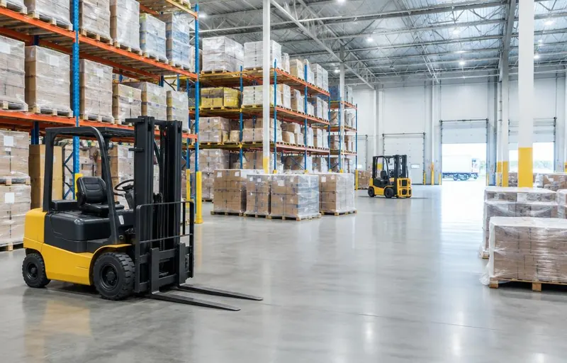 3PL warehouse with forklifts and stretch-wrapped pallets ready for shipment