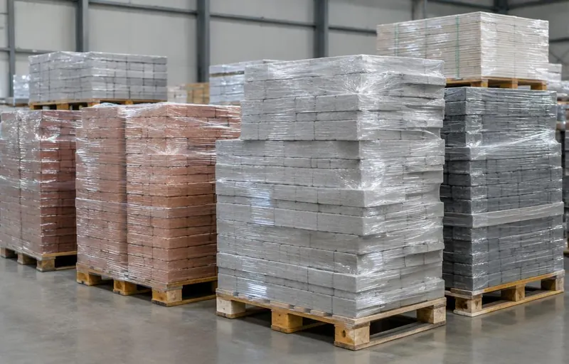 Building materials secured with transparent stretch film on pallets