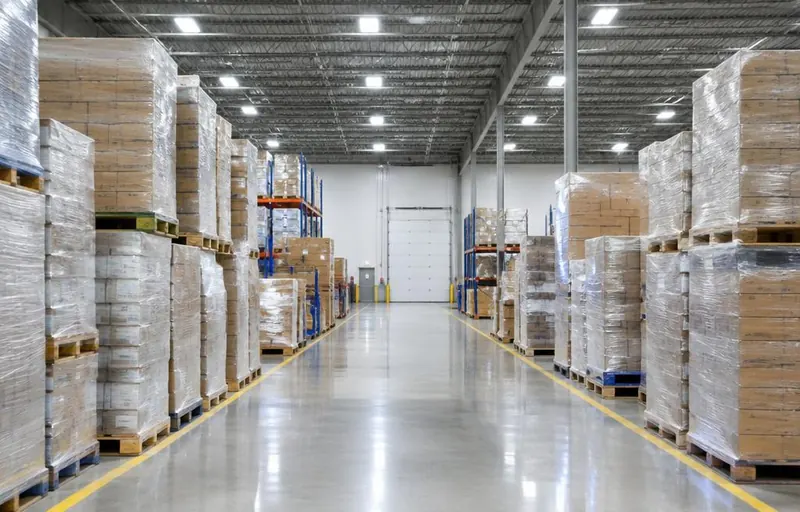 Distribution warehouse with rows of stretch-wrapped pallets