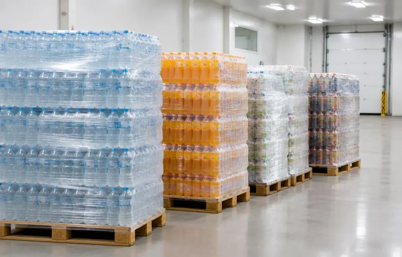 Food and beverage pallets wrapped in transparent stretch film