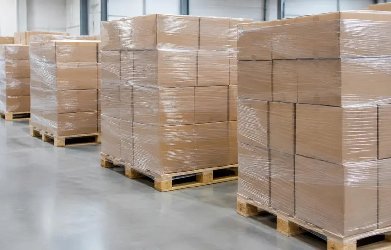 Private-label cartons stacked on pallets and wrapped with transparent stretch film