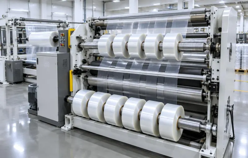 Plastic film slitting line converting clear stretch film rolls