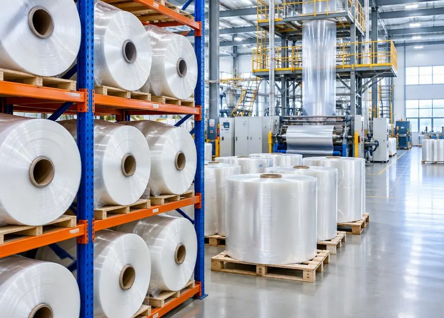 Large jumbo master rolls of transparent LLDPE stretch film in a factory