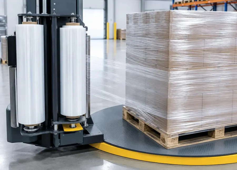 Machine stretch film rolls on a pallet wrapping machine beside a wrapped pallet