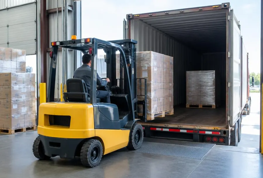 Wrapped pallets being loaded into a shipping container at a warehouse dock
