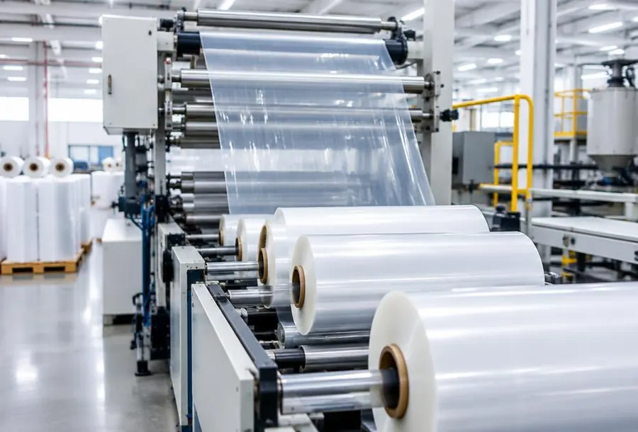 Stretch film production line running transparent film rolls