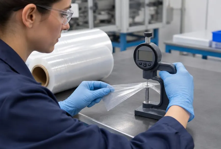 Quality inspector measuring transparent stretch film thickness with a gauge
