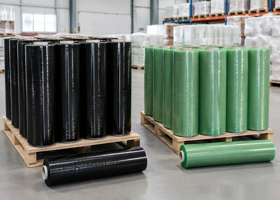Black and green specialty stretch film rolls for opaque and agricultural wrap